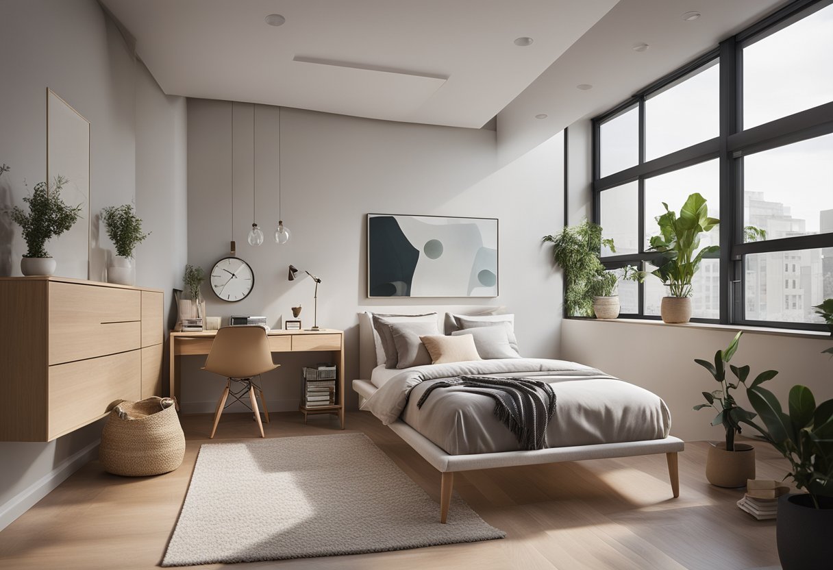 A small bedroom with minimal furniture, light colors, and large windows to create the illusion of space