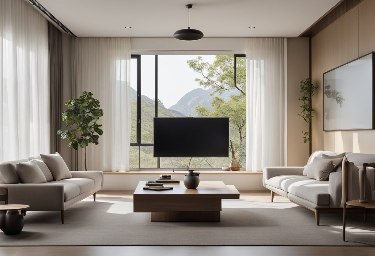 A sleek, minimalist living room with low furniture, clean lines, and neutral colors. A large window lets in natural light, and traditional Korean artwork adorns the walls