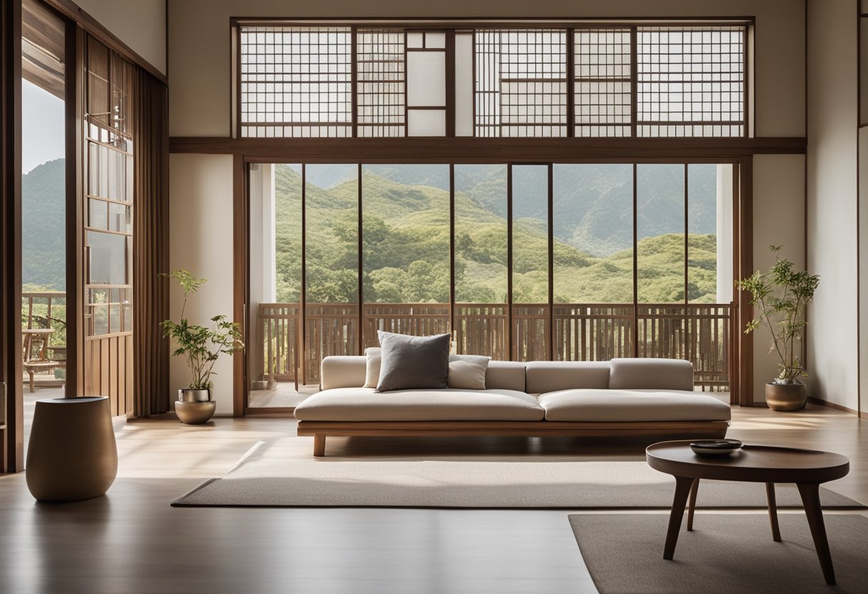 A minimalist Korean living room with low furniture, clean lines, and natural materials like wood and stone. A large window lets in natural light, and a traditional screen or artwork adds a touch of culture