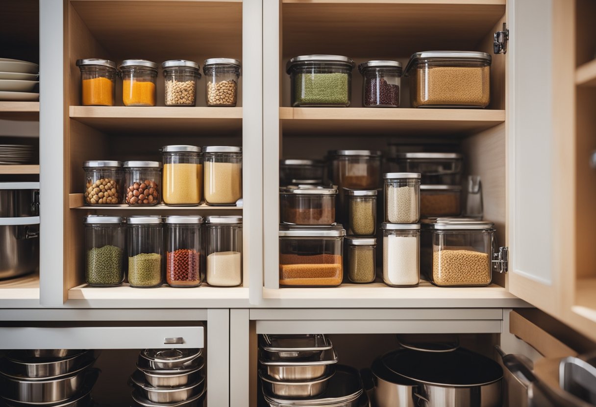 A well-organized kitchen cabinet with labeled shelves and storage containers. Colorful spices, neatly stacked dishes, and organized cookware