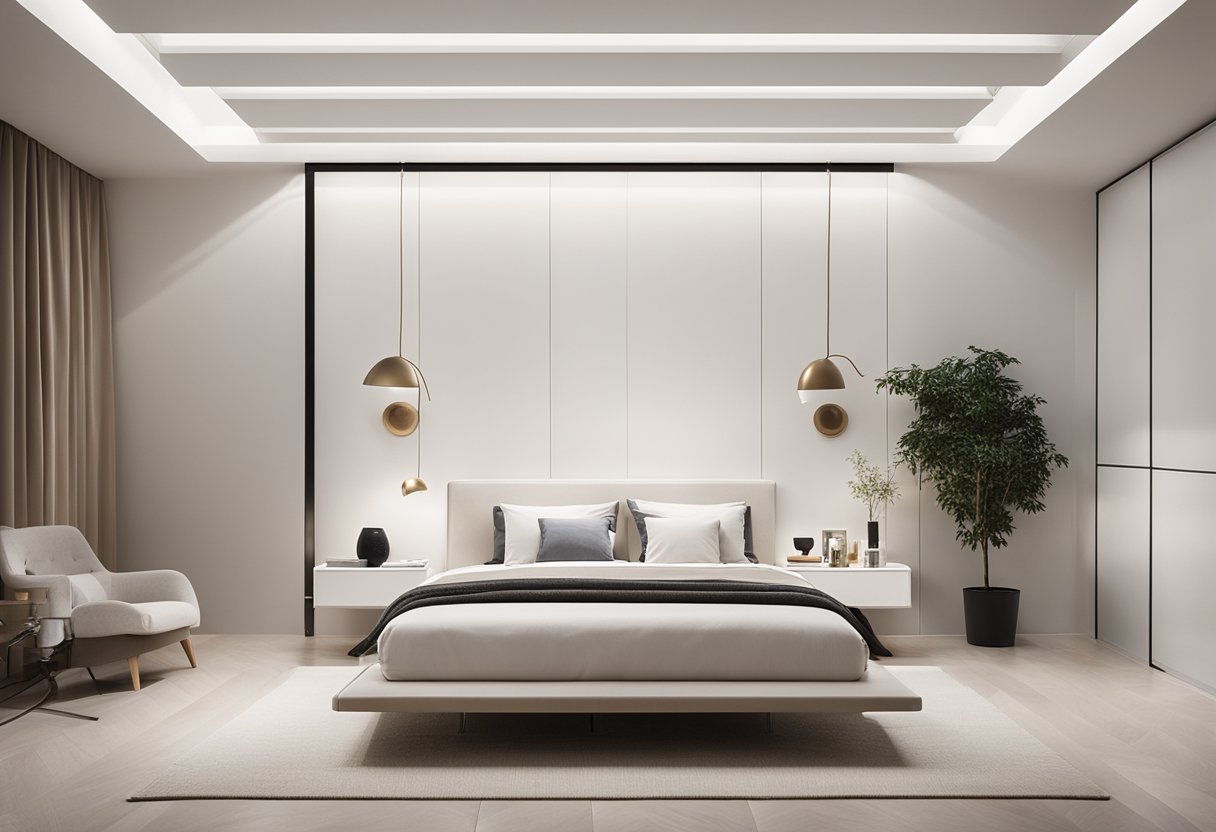 A white bedroom with minimal furniture, clean lines, and soft lighting