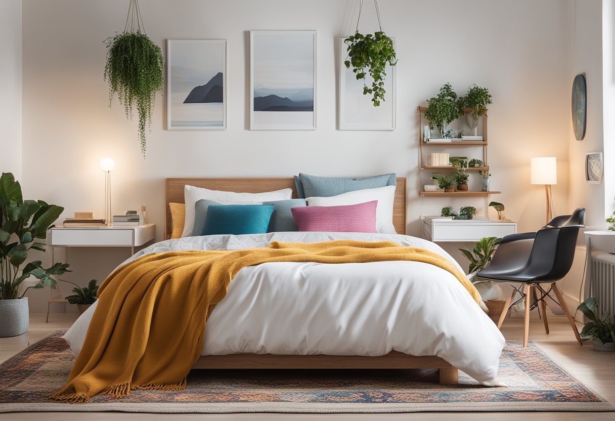 A white bedroom with colorful throw pillows, wall art, and a cozy rug. Personal items like books and plants add character