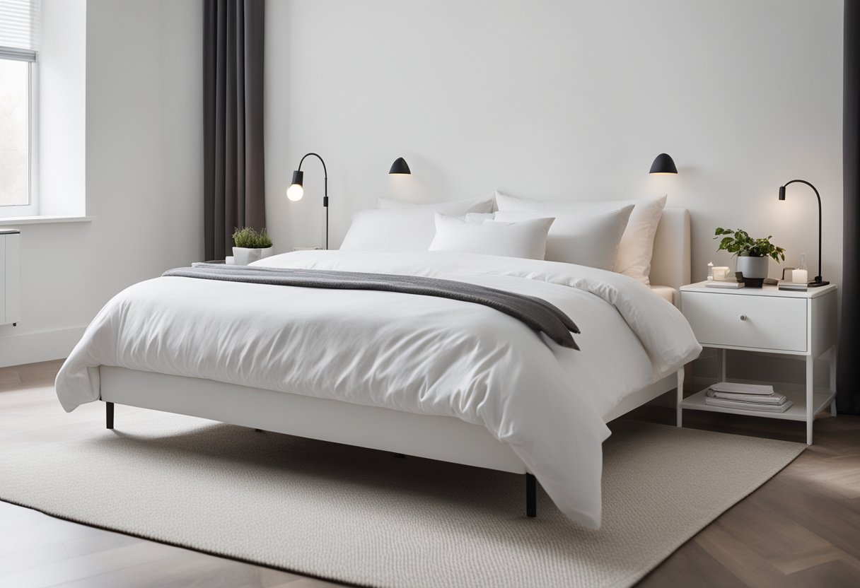 A clean, white bedroom with minimal decor. A bed with crisp white linens, a simple nightstand, and a sleek, uncluttered design