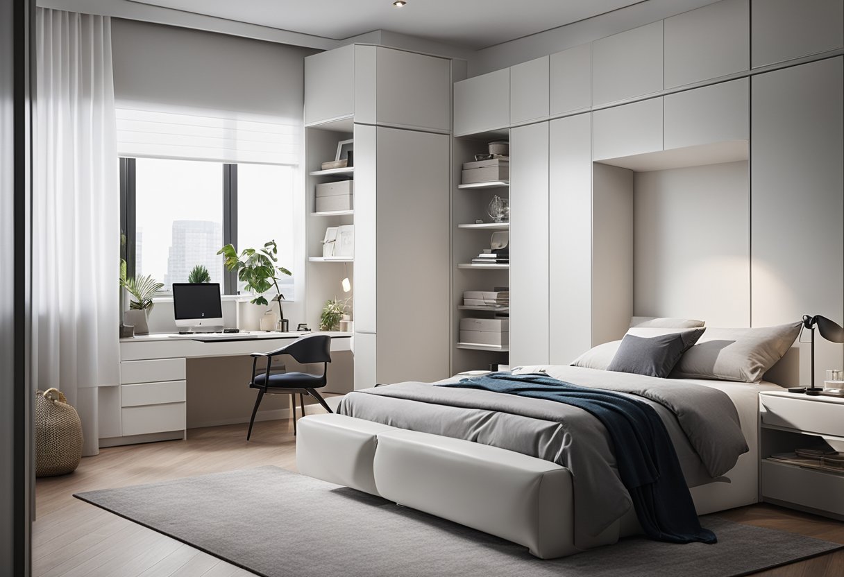 A modern bedroom with a sleek, white wardrobe and a stylish study table with clean lines and minimalistic design