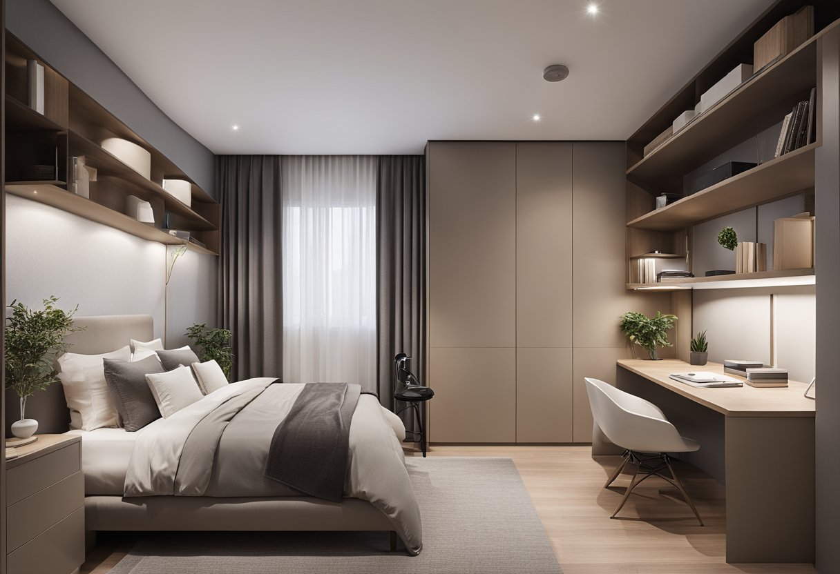 A modern bedroom with a sleek, built-in wardrobe and study table. Clean lines and minimalist design create a stylish and functional space