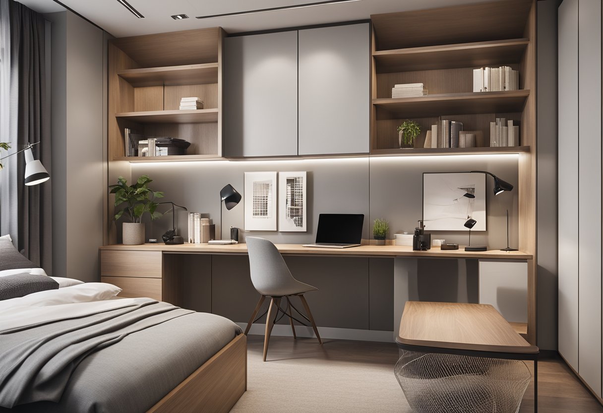 A bedroom study area with a sleek, modern wardrobe and study table design, featuring clean lines, ample storage, and a minimalist color palette