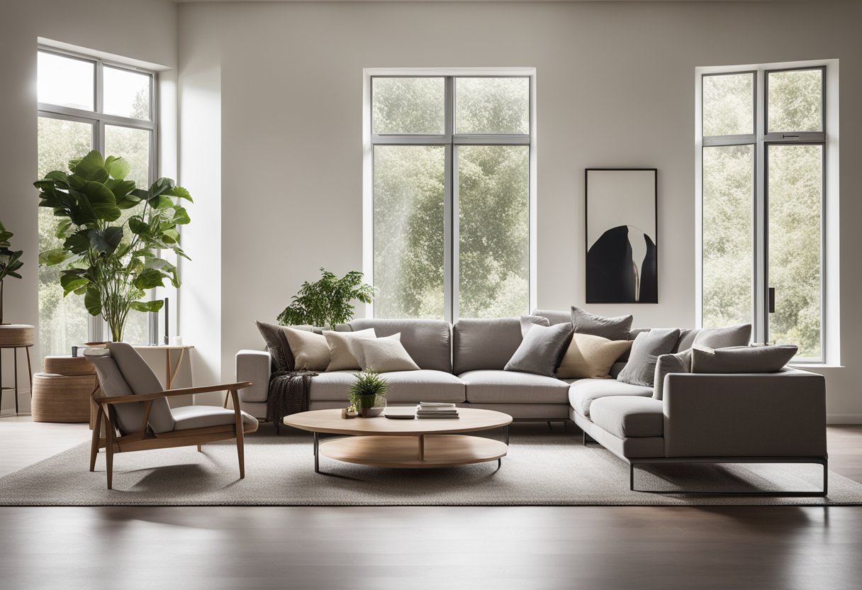A spacious living room with minimalist furniture, clean lines, and neutral colors. A large window lets in natural light, highlighting the sleek, modern design