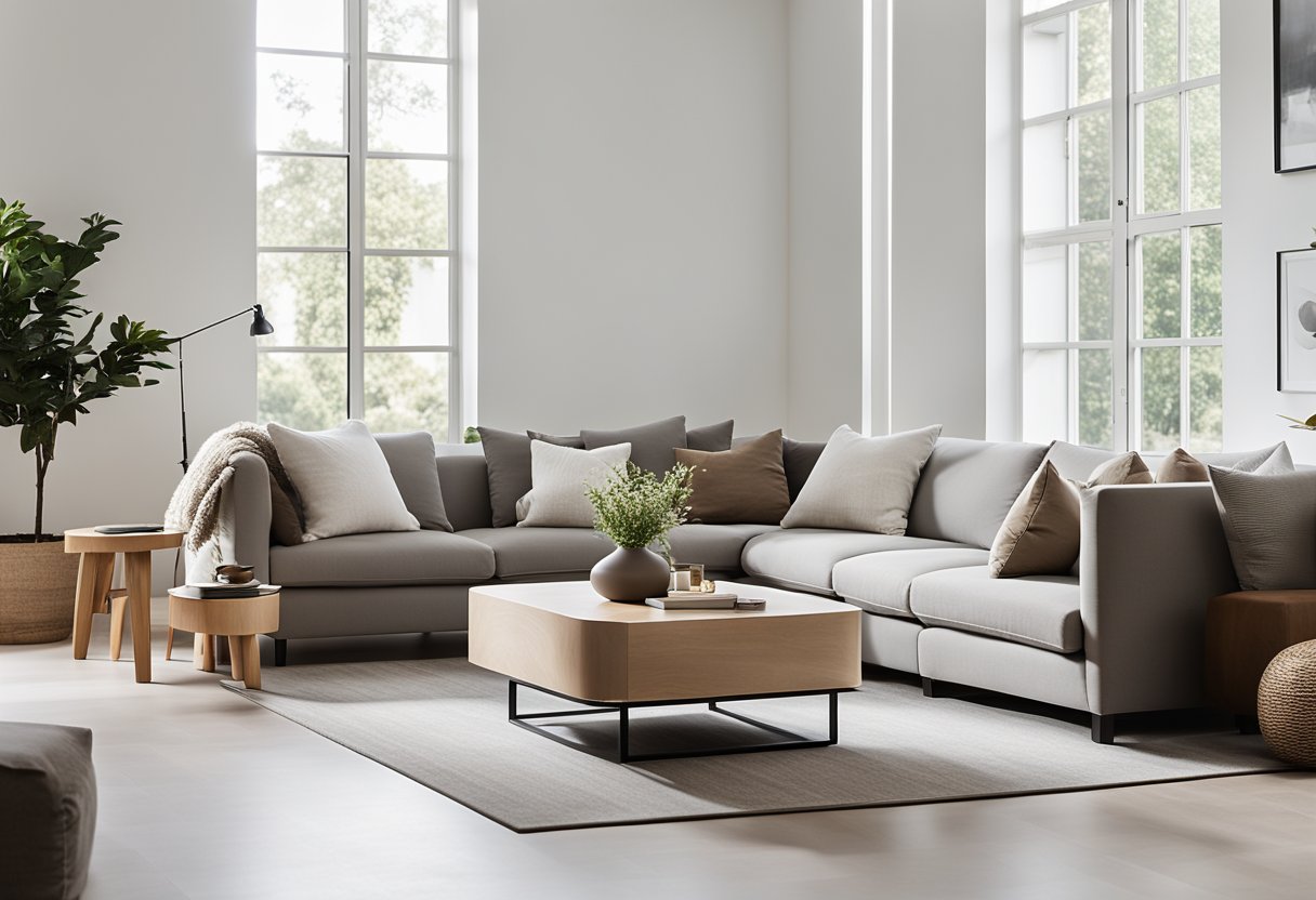 A sleek, minimalist living room with clean lines, neutral colors, and natural materials. A low coffee table sits in the center, surrounded by low-slung seating and floor cushions. A large window allows natural light to flood the space, creating a serene