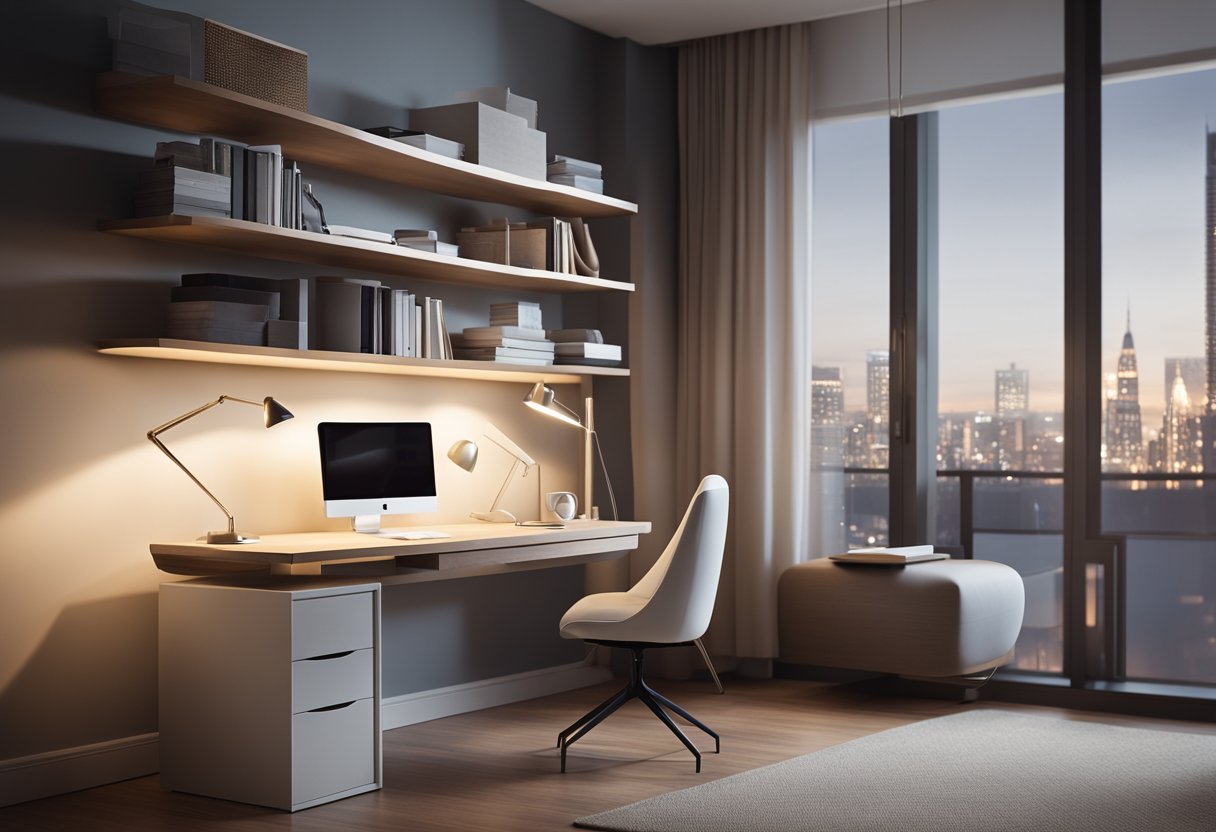 A sleek, minimalist study table with built-in shelves and a floating design, illuminated by a contemporary desk lamp, set against a backdrop of a stylish bedroom interior