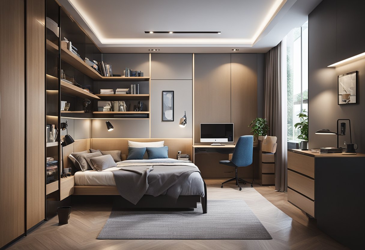 A bedroom with a spacious wardrobe and a study table with modern designs
