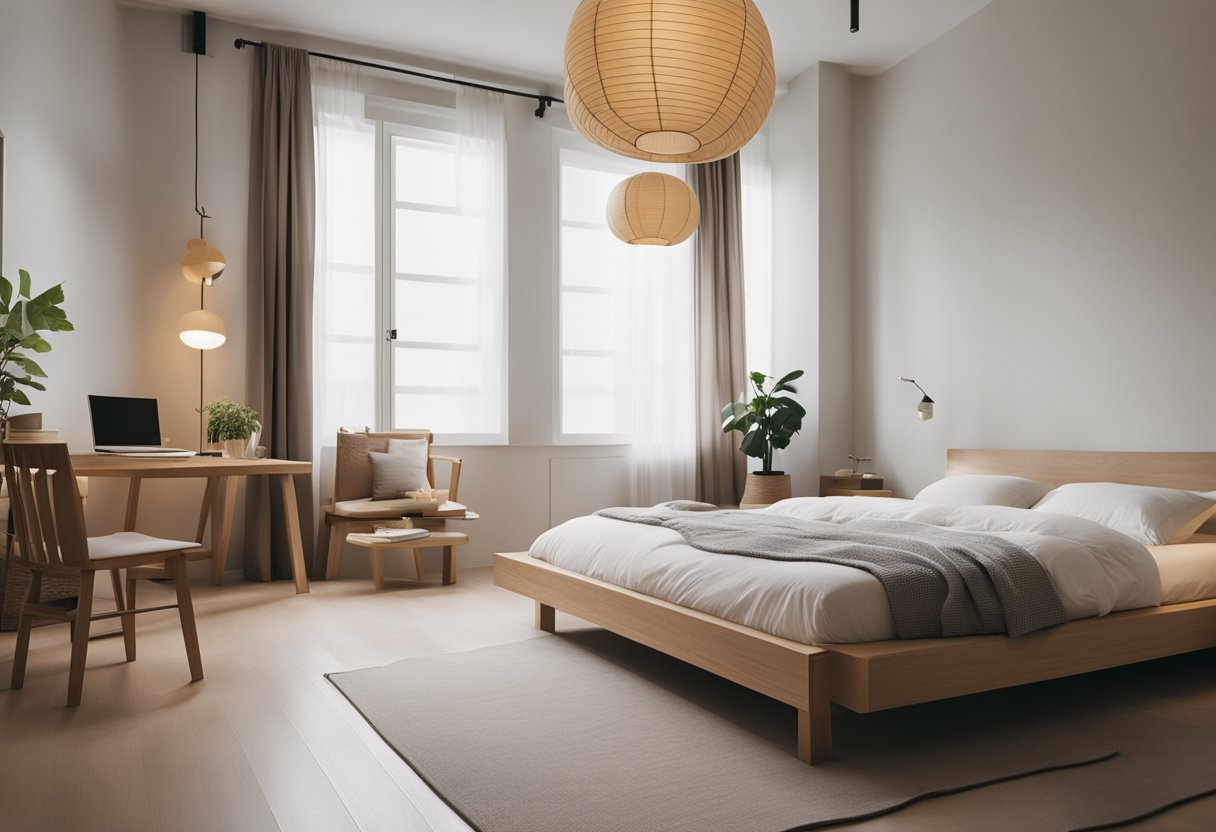 A minimalist Muji bedroom with neutral tones, low platform bed, wooden furniture, and paper lanterns