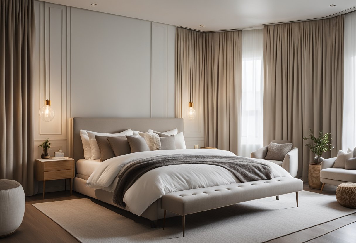 A cozy master bedroom with a neutral color palette, a plush bed with crisp white linens, a large window with flowing curtains, and minimalistic decor