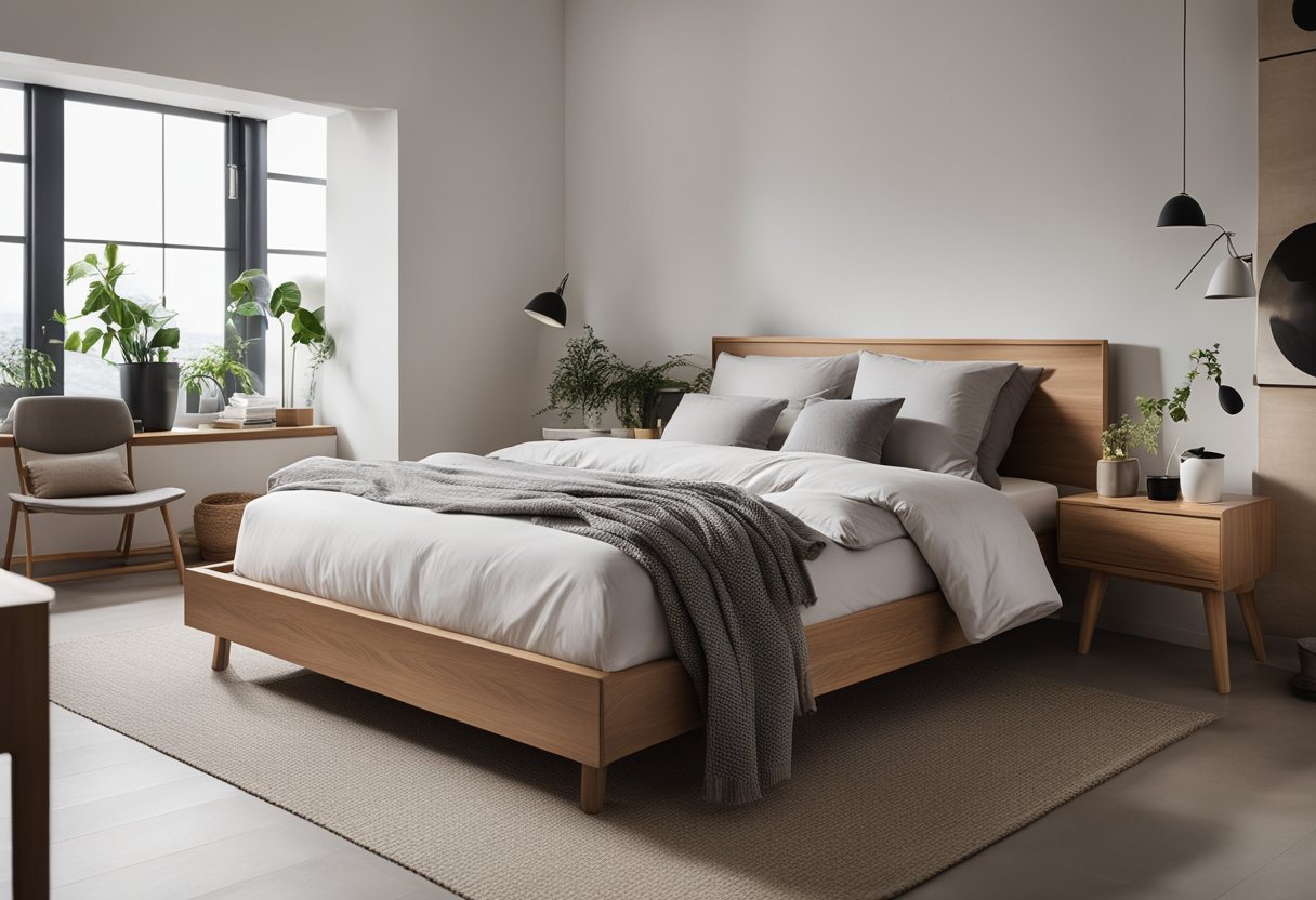 A clutter-free bedroom with minimalist furniture, neutral colors, and natural materials. Simple bedding, a low platform bed, and storage solutions