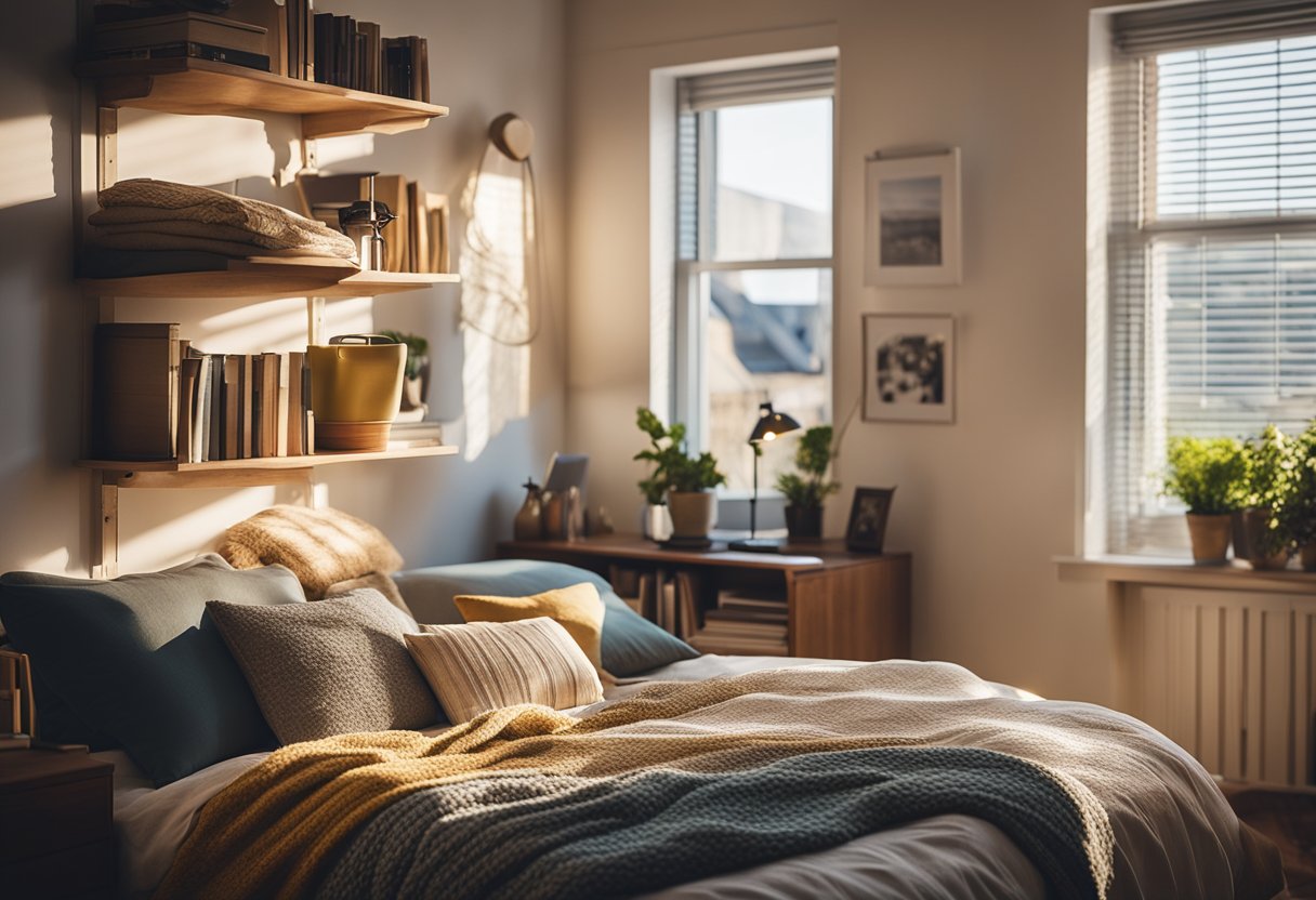 A cozy bedroom with a cluttered desk, a bookshelf filled with books, and a large window with sunlight streaming in. The bed is neatly made with colorful pillows and a warm throw blanket