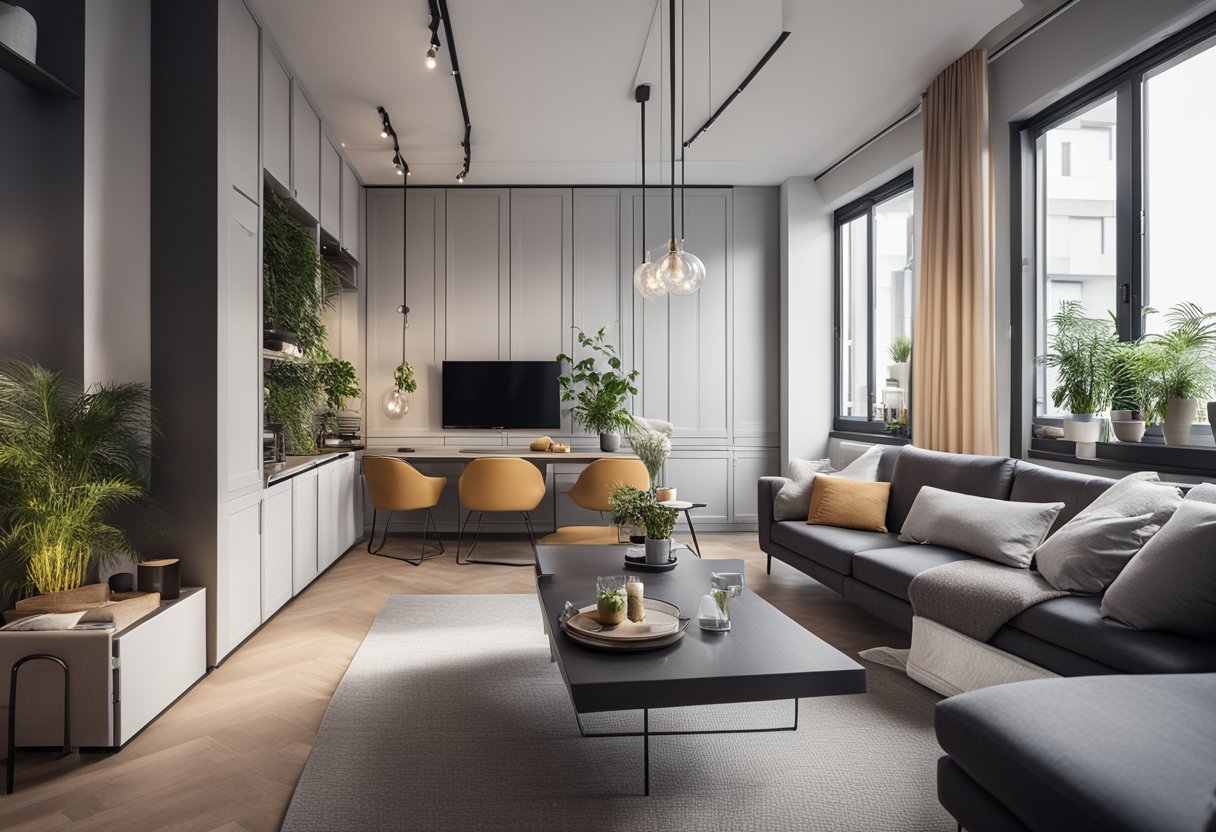 A cozy one bedroom apartment with modern furniture, a functional kitchen, and a stylish living area with a comfortable sofa and a flat-screen TV
