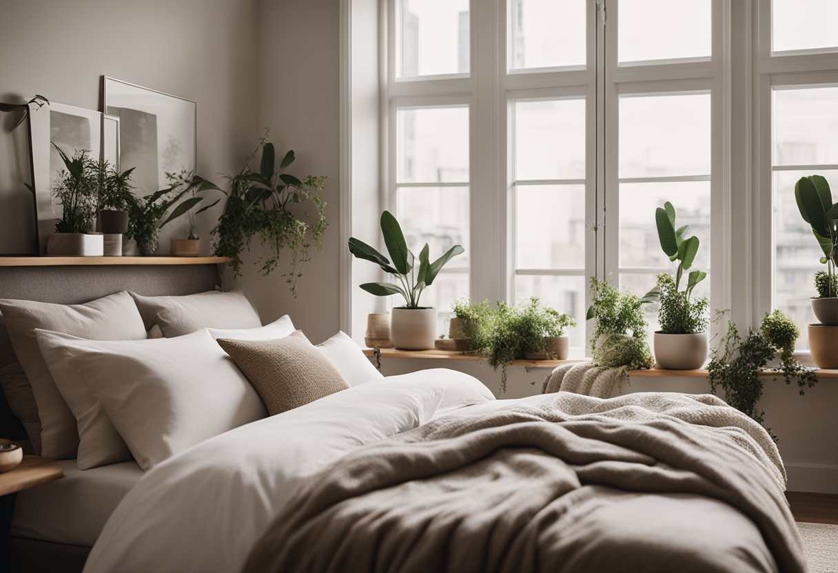 A cozy, uncluttered bedroom with a neutral color palette, soft lighting, and a comfortable bed with plush bedding. A large window provides natural light, and a few potted plants add a touch of nature to the space