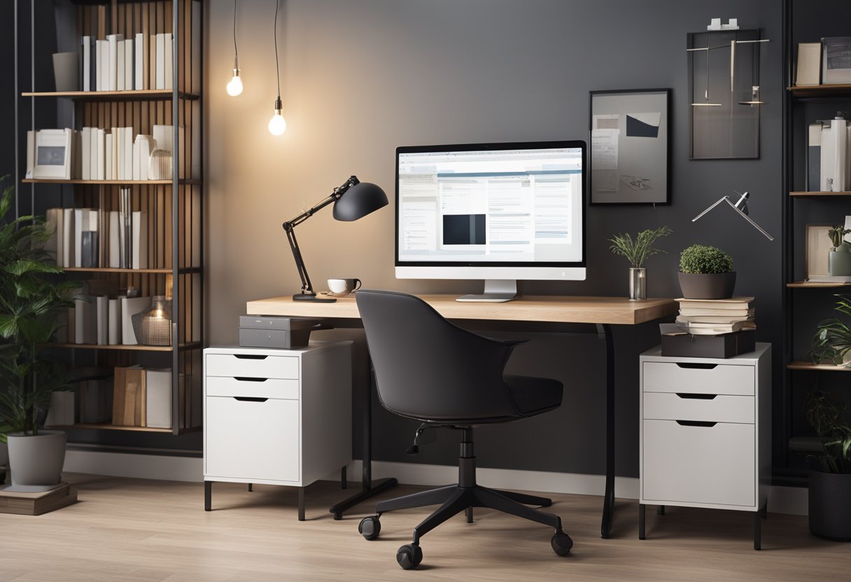 A sleek study table with ergonomic chair, adjustable lighting, and built-in storage. A laptop and books neatly arranged on the table