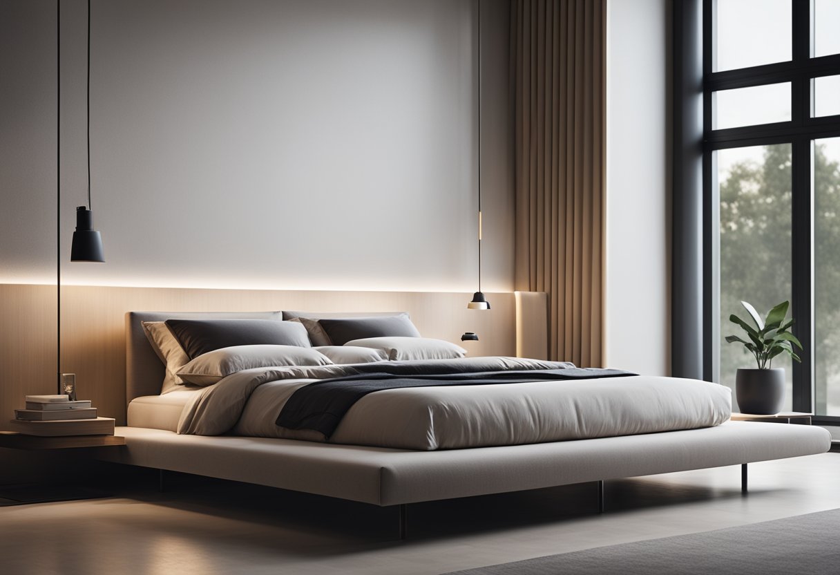 A modern platform bed with sleek, minimalist design. Clean lines, neutral colors, and soft lighting create a serene and inviting atmosphere