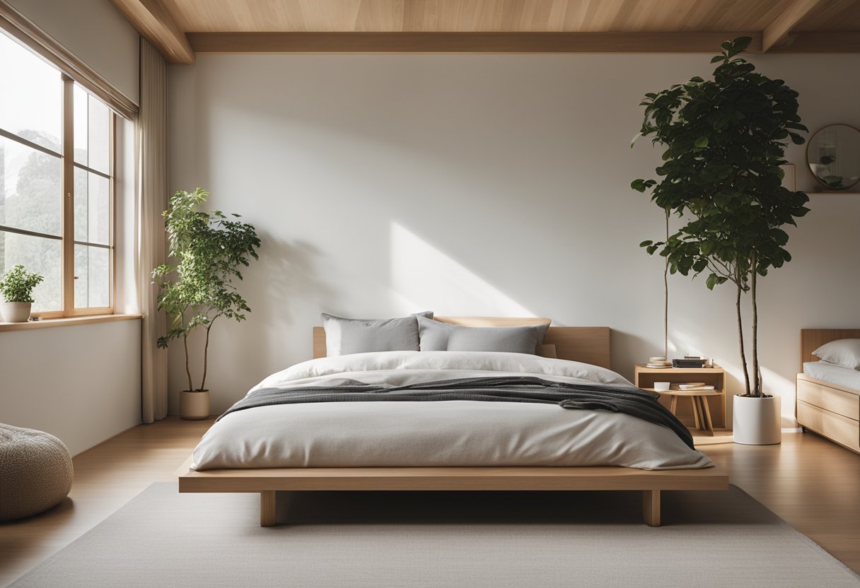 A spacious Muji bedroom with minimalist furniture, neutral colors, and natural light streaming in through large windows. The bed is low to the ground with clean, simple lines, and there are storage solutions integrated throughout the room for maximum functionality and comfort
