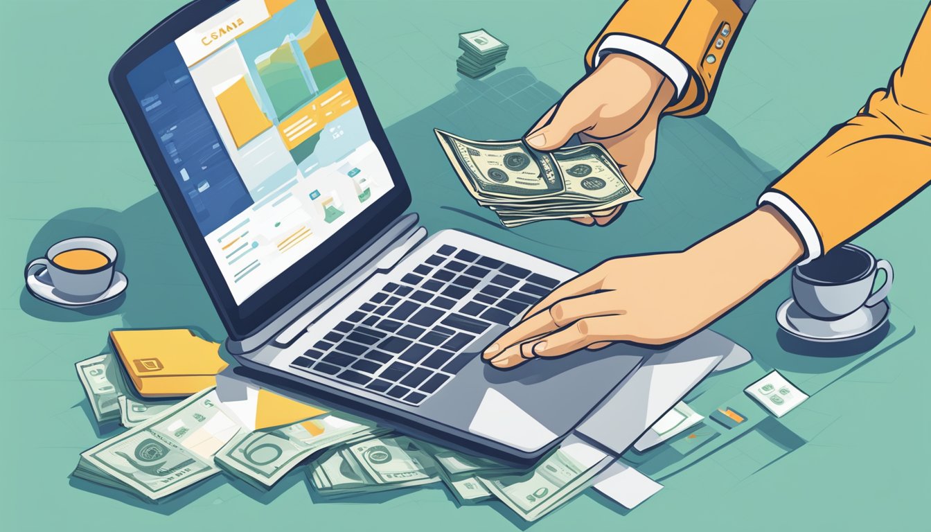 A hand reaches for a stack of cash next to a computer and business plan, symbolizing short term loans for startup business