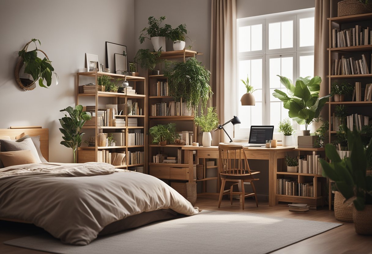 A cozy bedroom with a large, comfortable bed, soft lighting, and a warm color scheme. A bookshelf filled with books, a small desk for work or study, and some plants for a touch of nature