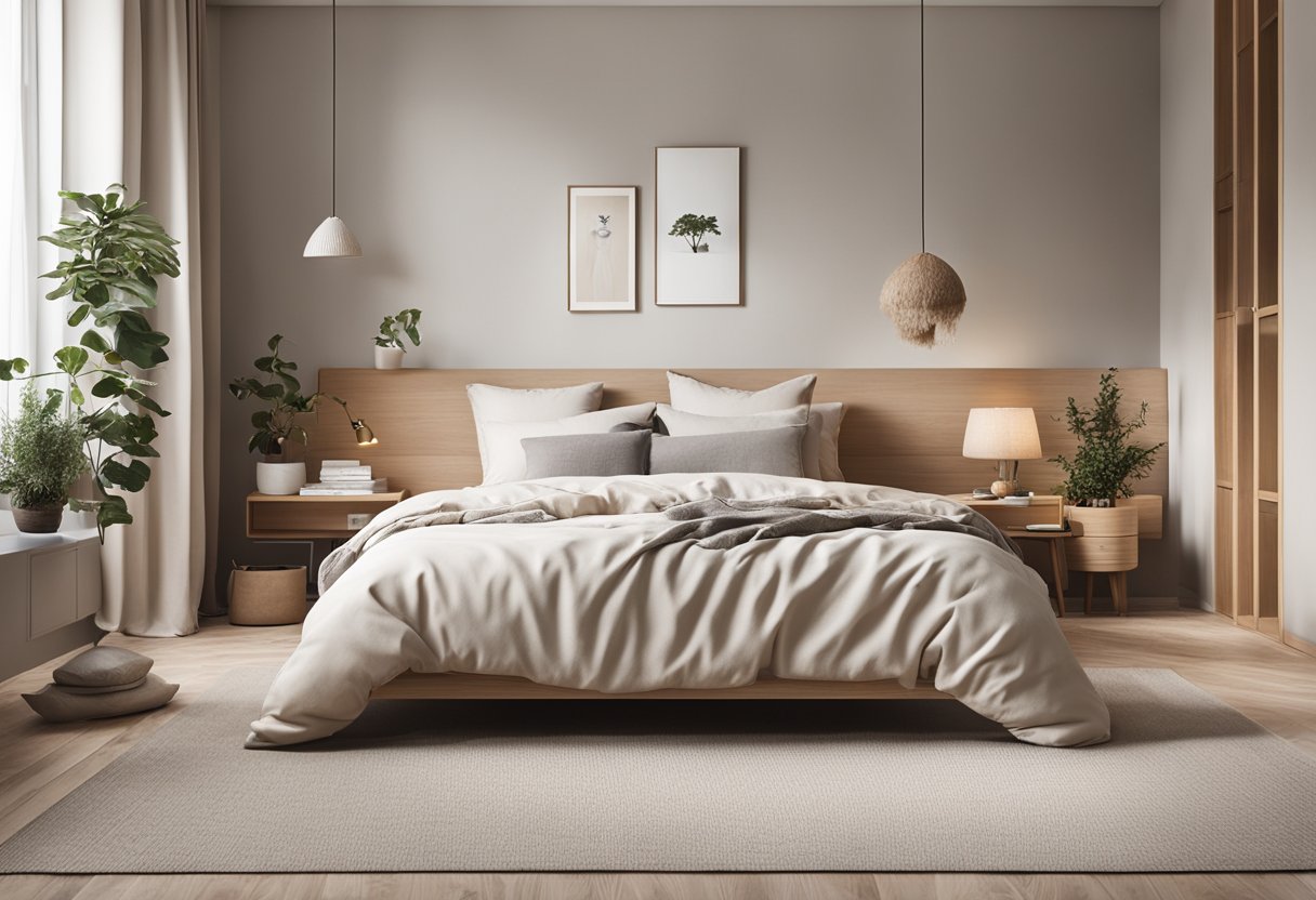 A cozy scandinavian master bedroom with minimalistic furniture, natural wood accents, and soft neutral colors