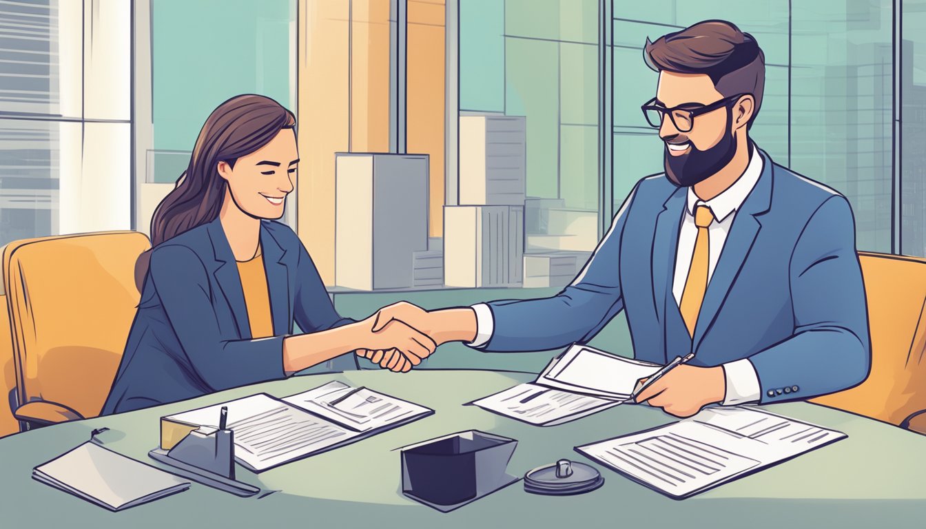 A startup owner signs a short-term loan agreement with a bank representative, exchanging documents and shaking hands