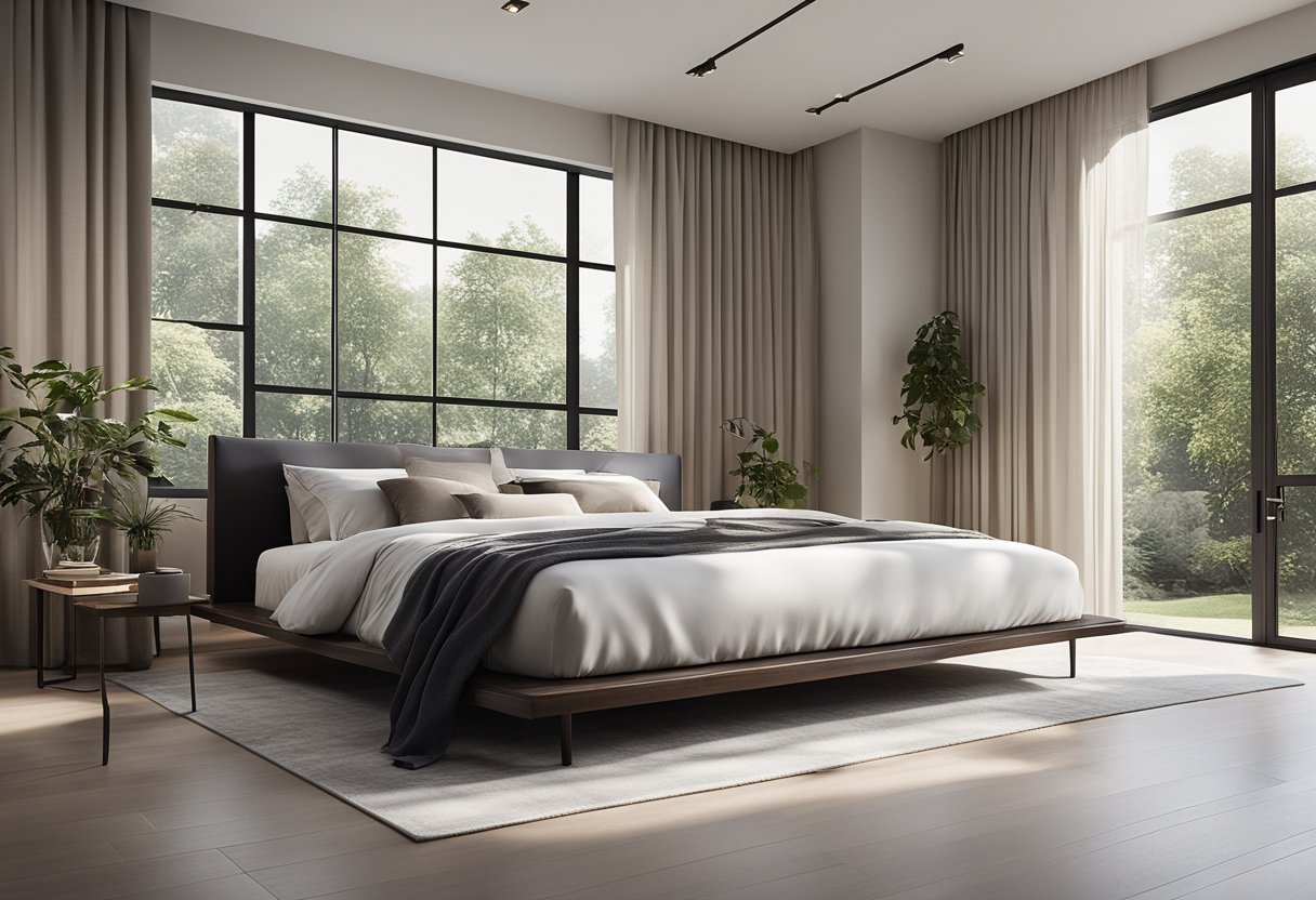 A spacious bedroom with a low platform bed, sleek modern furniture, minimalistic decor, and large windows letting in natural light
