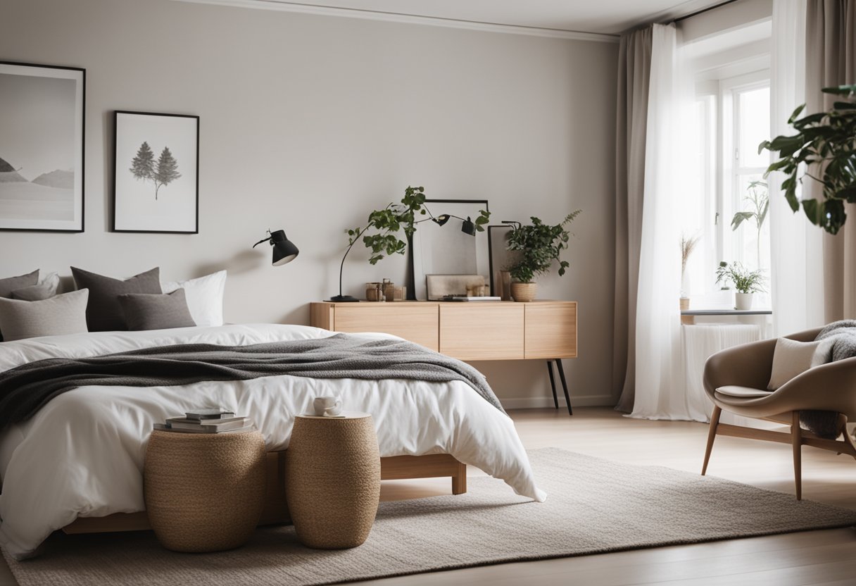 A cozy Scandinavian master bedroom with minimalist furniture, neutral color palette, natural materials, and soft lighting