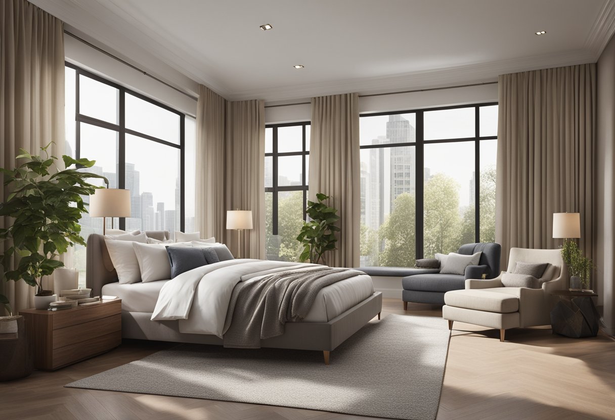 A spacious master bedroom with a king-sized bed, plush bedding, and elegant furniture. Large windows let in natural light, and a cozy reading nook sits in the corner