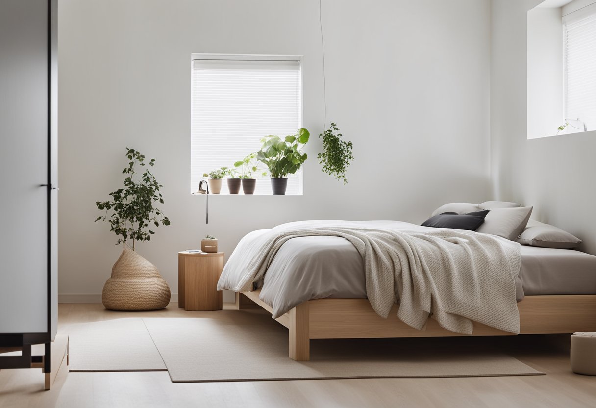 A minimalist bedroom with Muji furniture, clean lines, neutral colors, and natural materials. Functional storage solutions and simple, uncluttered decor