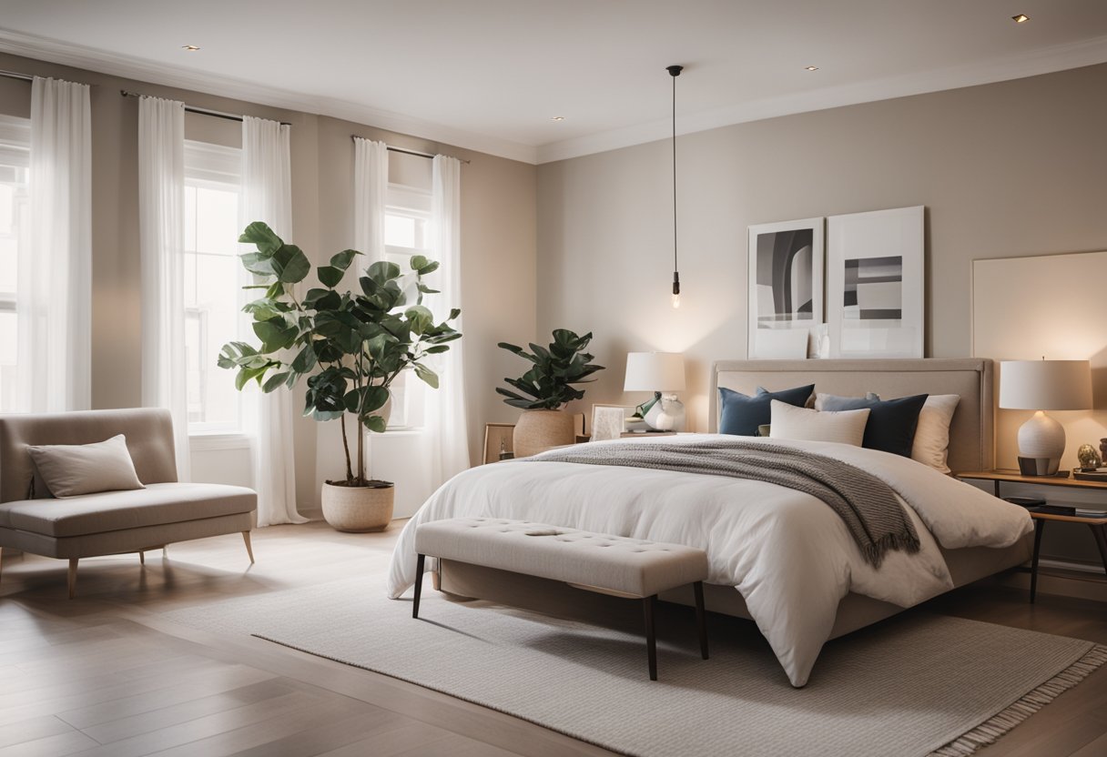 A cozy, clutter-free master bedroom with a neutral color palette, minimal furniture, and soft lighting
