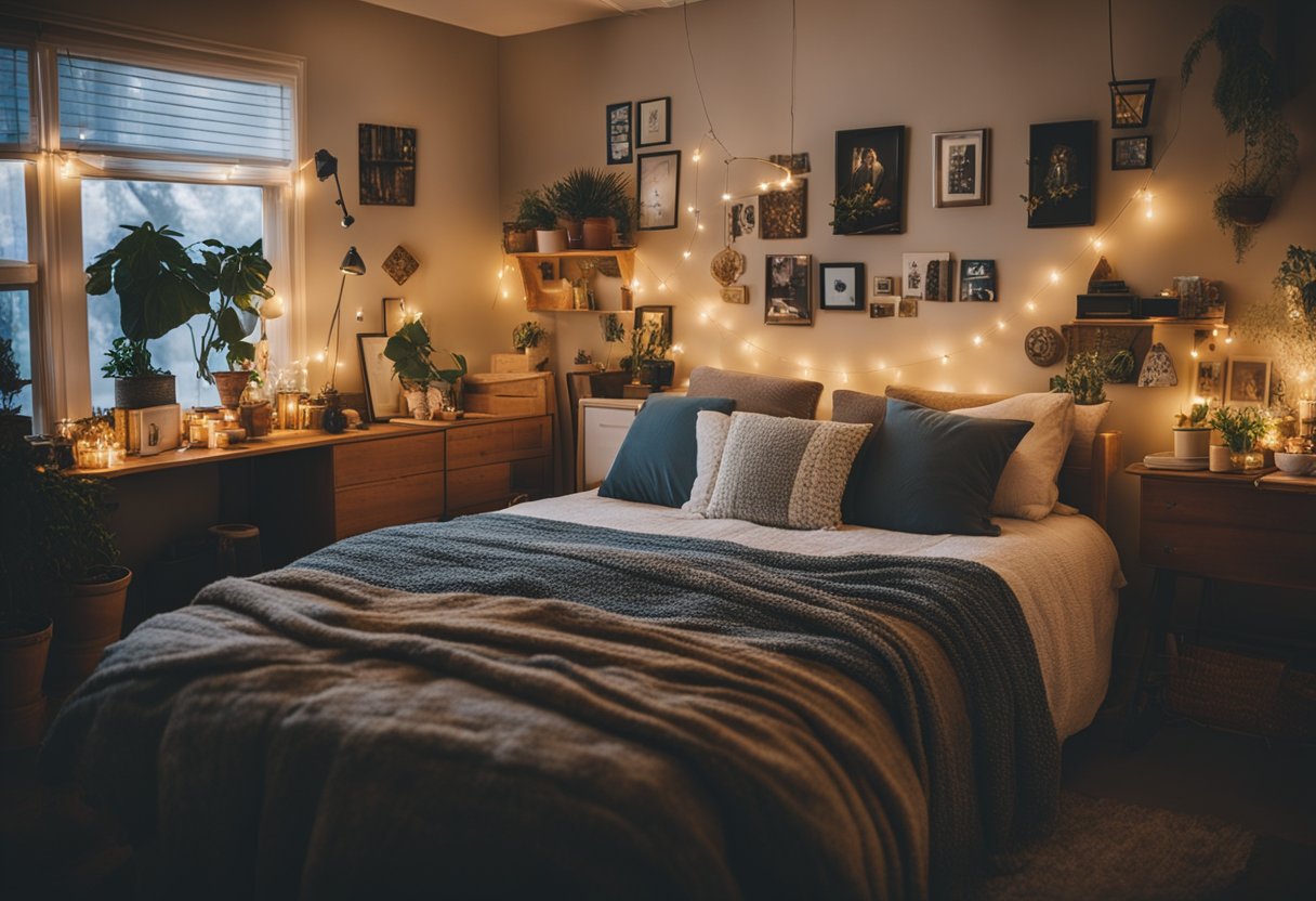 A cluttered bedroom with mismatched furniture, DIY wall art, and thrifted decor. Cozy lighting from string lights and candles