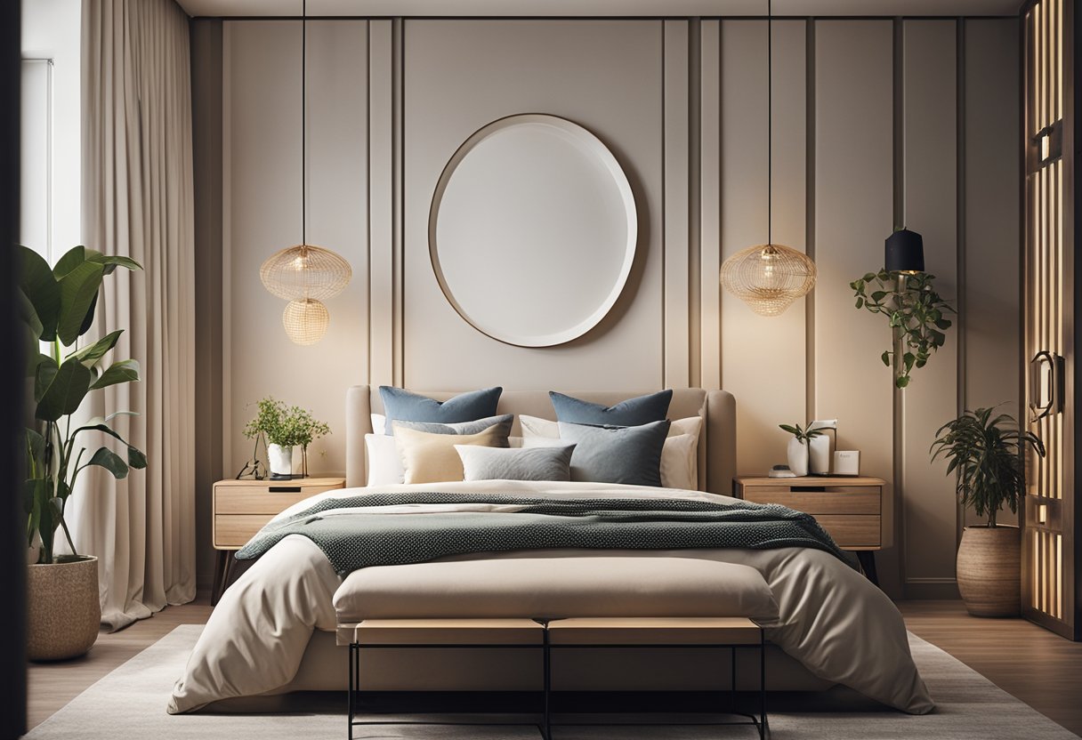 A well-organized bedroom with balanced furniture, soft lighting, and calming decor following Feng Shui principles