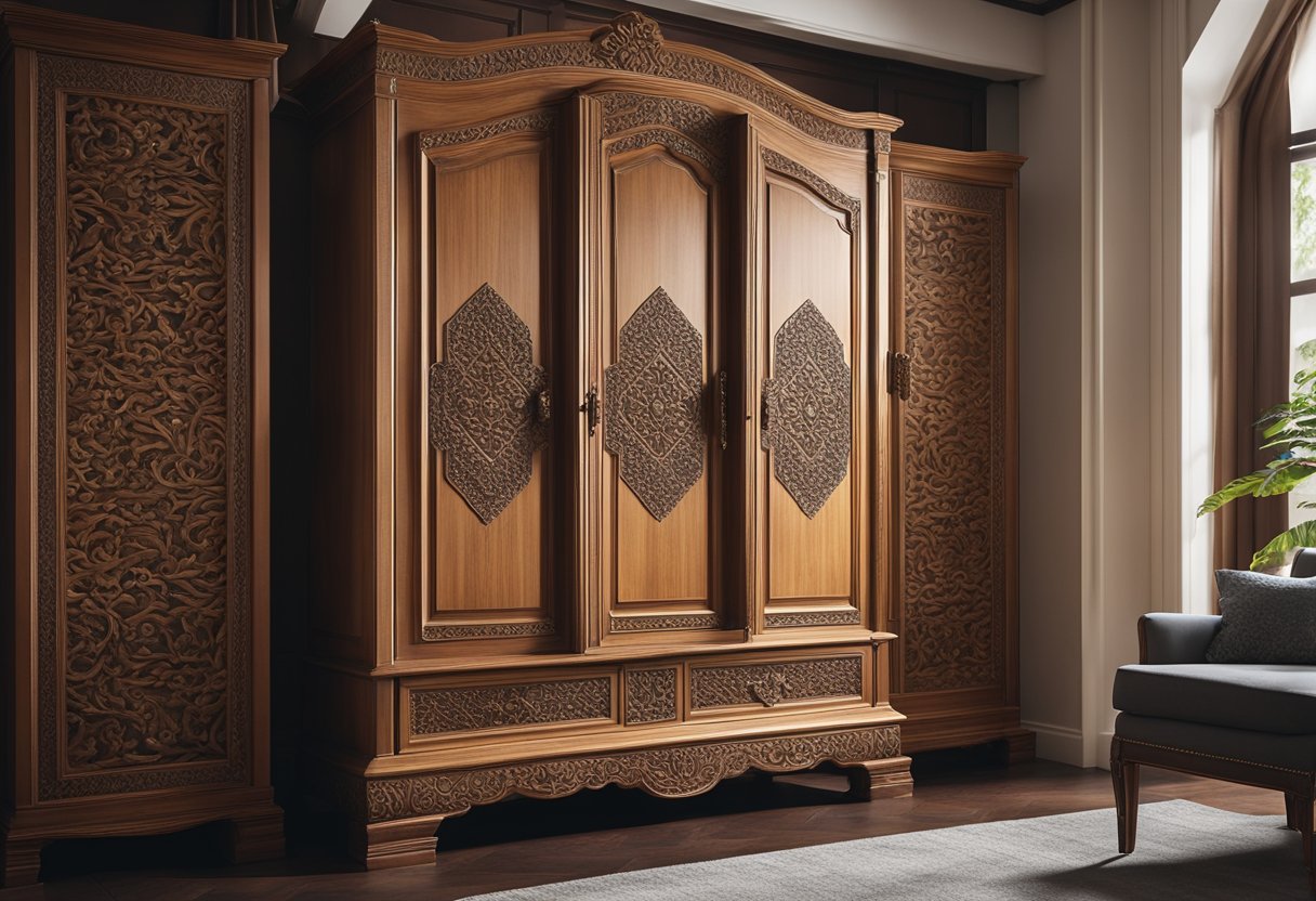 A spacious bedroom with a wooden wardrobe standing against the wall, featuring intricate carvings and elegant handles