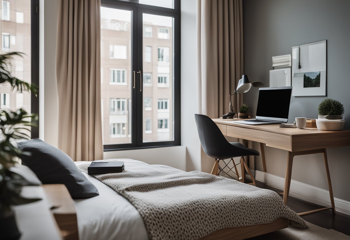 A bedroom with modern furniture, a cozy bed, and a sleek desk. A laptop and notebook sit on the desk, while a large window lets in natural light