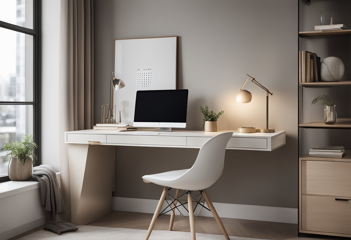 A sleek, minimalist study table with built-in storage compartments and a sleek, contemporary design, placed in a well-lit bedroom with neutral tones and modern decor