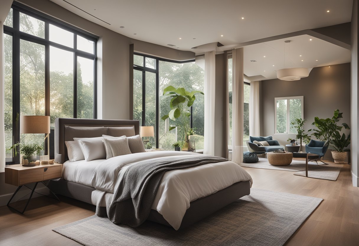 A spacious master bedroom with a king-sized bed, soft lighting, and a cozy reading nook by the window overlooking a serene garden