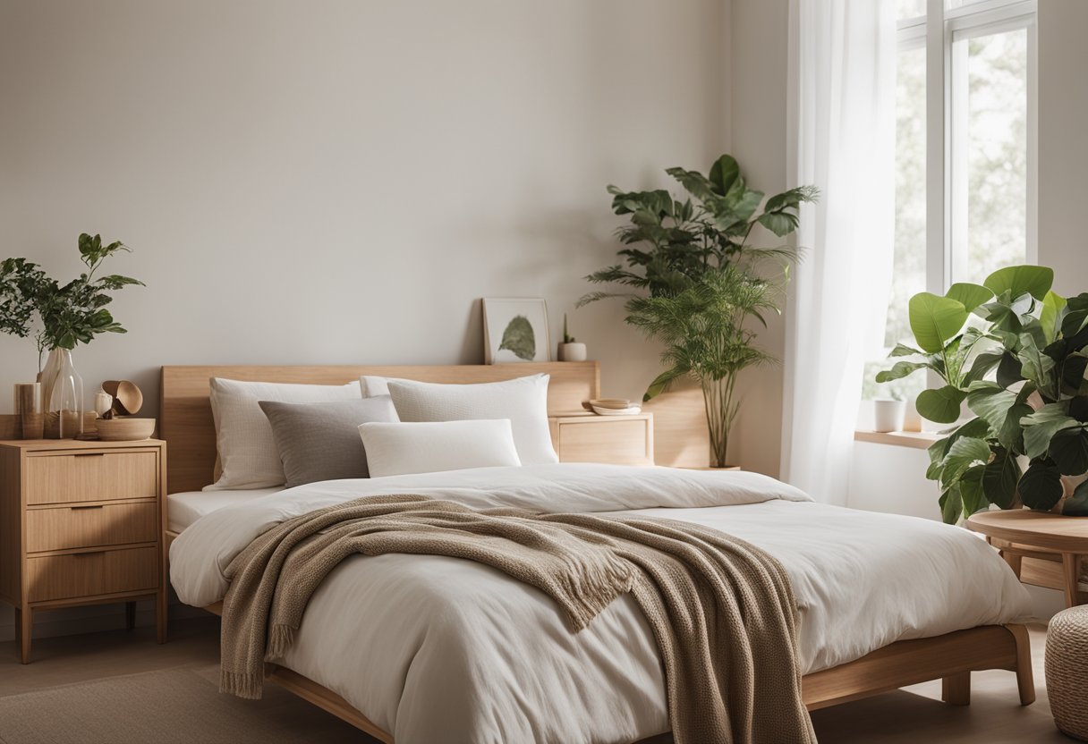 A cozy, minimalist bedroom with light wood furniture, neutral color palette, and touches of greenery. Clean lines, natural textures, and soft lighting create a serene and inviting atmosphere