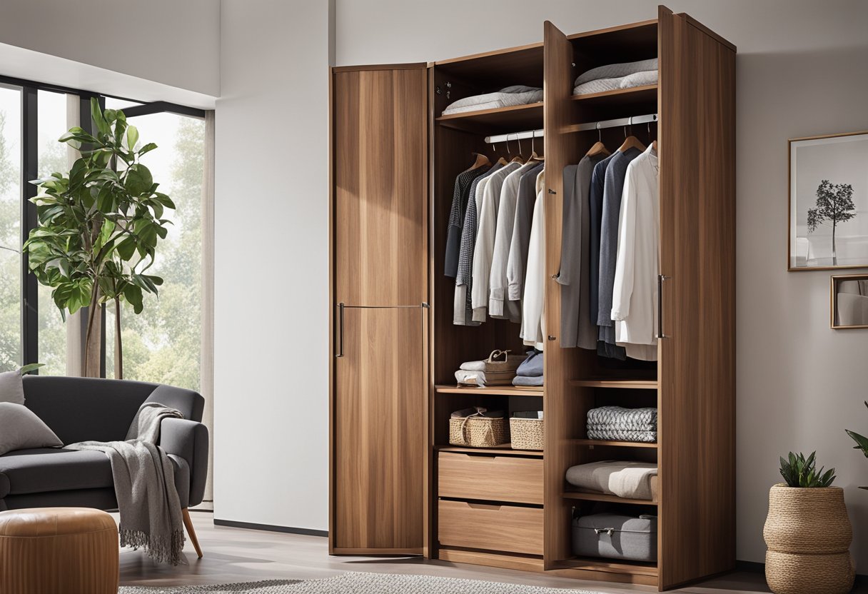 A wooden wardrobe stands in a cozy bedroom, showcasing various designs and materials
