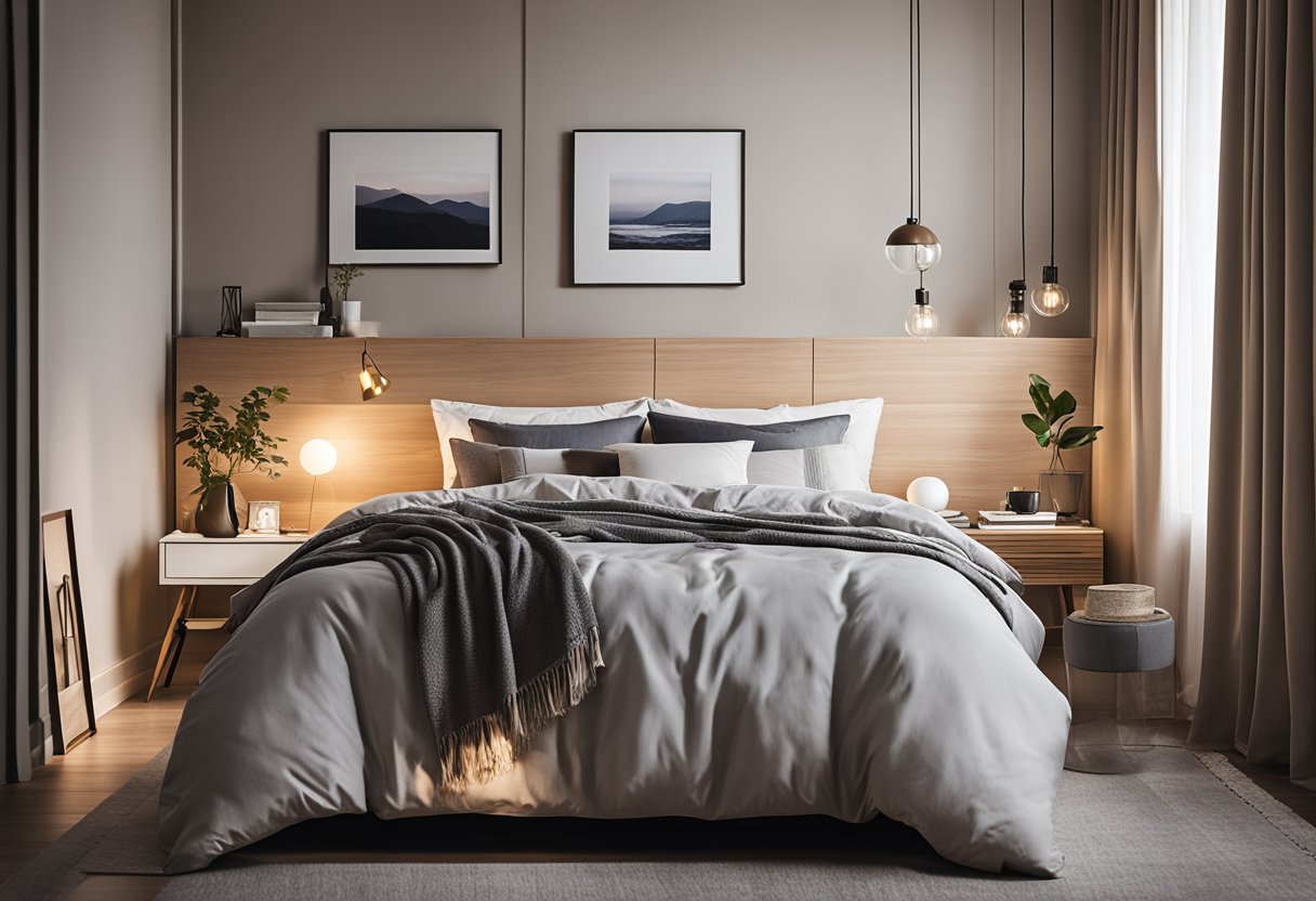 A cozy bedroom with simple furniture, neutral colors, and soft lighting. A budget-friendly design with space-saving solutions and functional decor