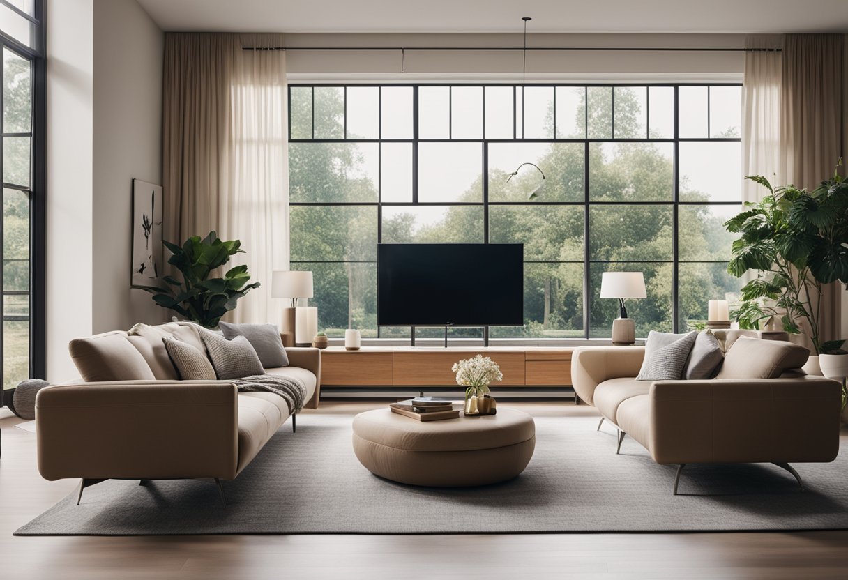 A modern living room with minimalist furniture, neutral colors, and plenty of natural light streaming in through large windows