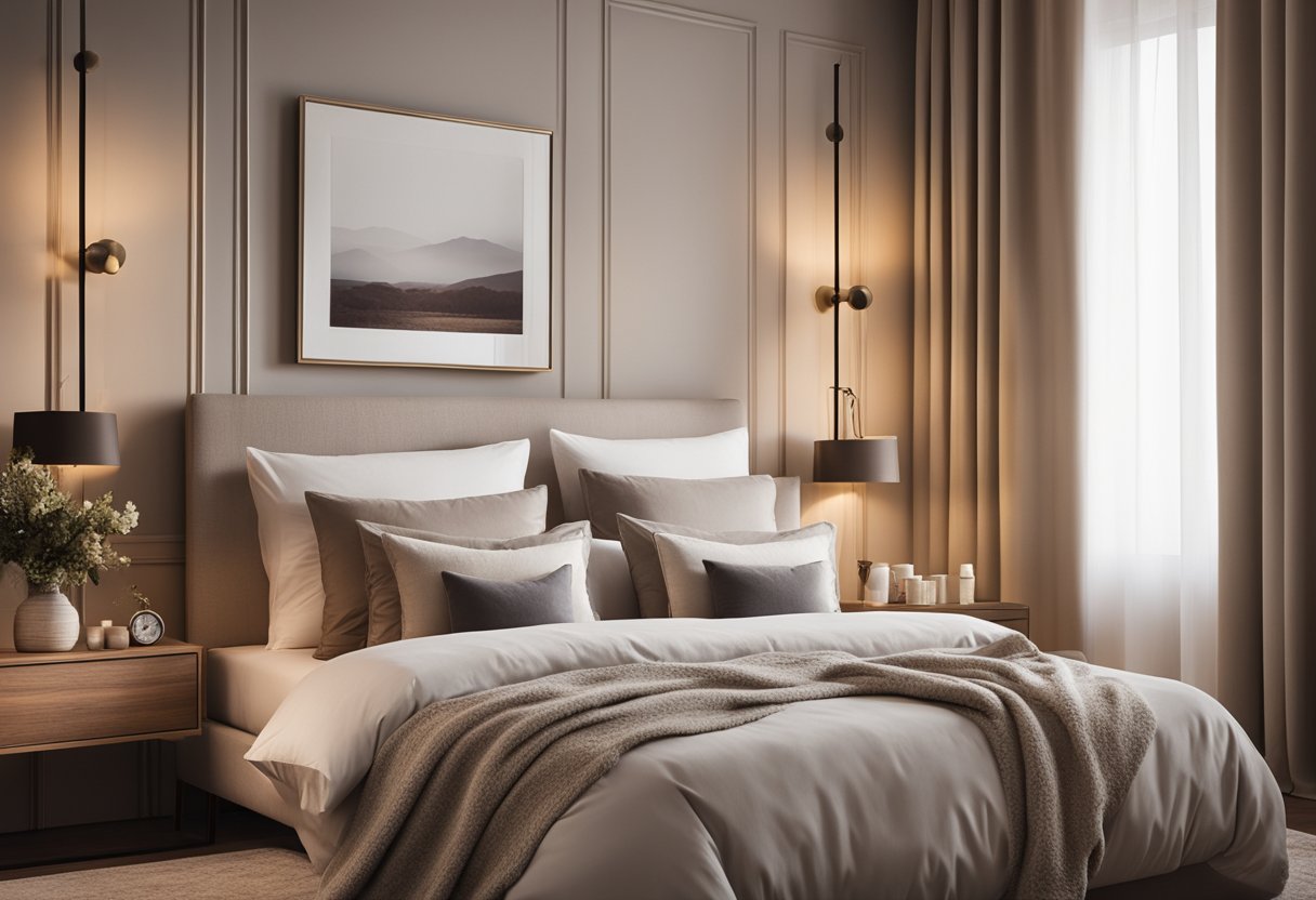 A cozy bedroom with warm, neutral tones, a plush bed with soft, inviting bedding, a stylish nightstand, and a large, elegant window with flowing curtains