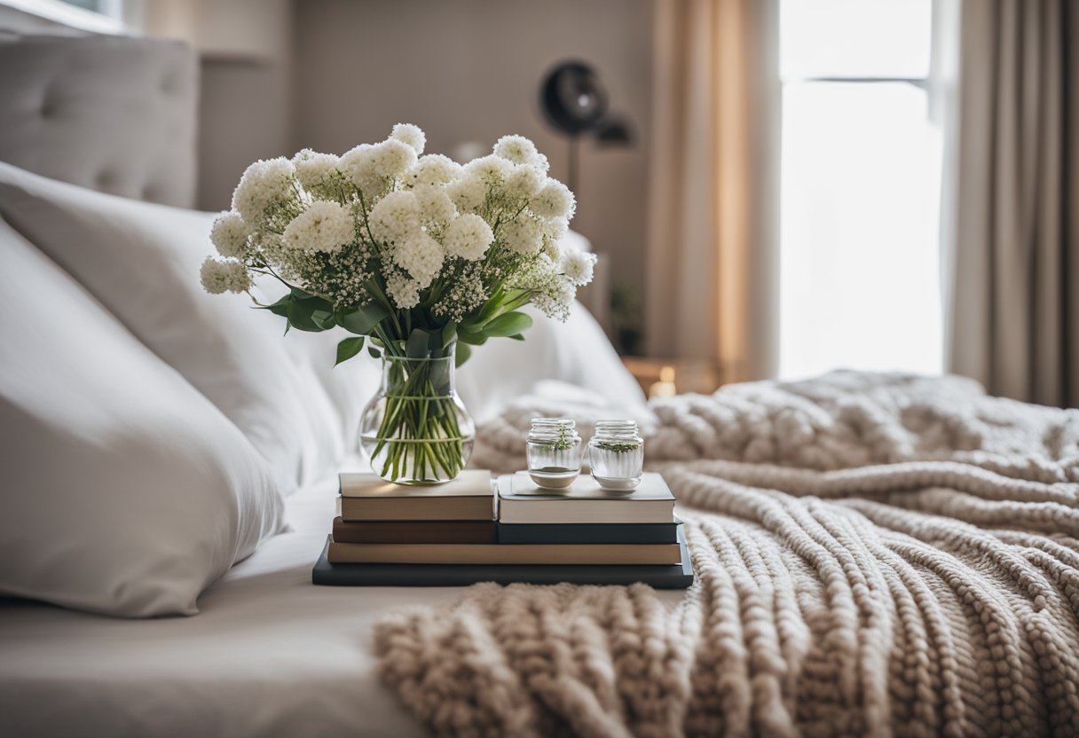 A cozy master bedroom with plush pillows and a throw blanket on a neatly made bed. A small side table holds a vase of fresh flowers and a stack of books. A soft area rug adds warmth to the hardwood floor