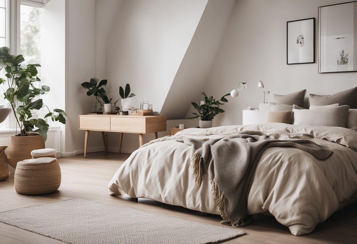 A cozy Scandinavian master bedroom with minimalistic furniture, neutral color palette, and soft, natural lighting