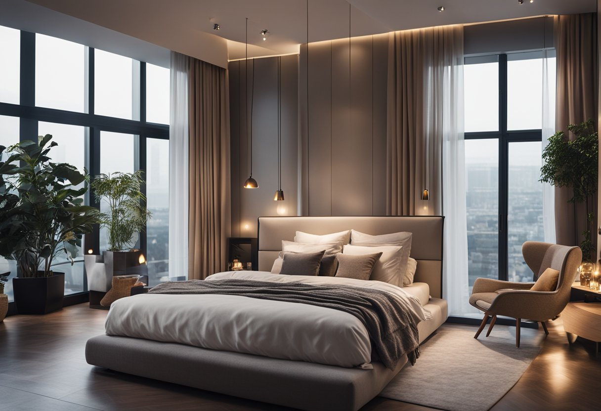 A cozy bedroom with a large, plush bed, soft lighting, and elegant decor. A spacious layout with a comfortable seating area and a stylish, functional workspace