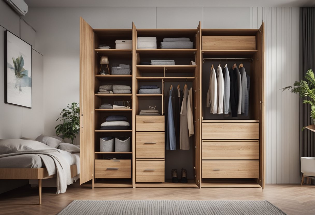 A wooden wardrobe stands in a bedroom, with shelves and drawers for storage. Care tips are displayed nearby