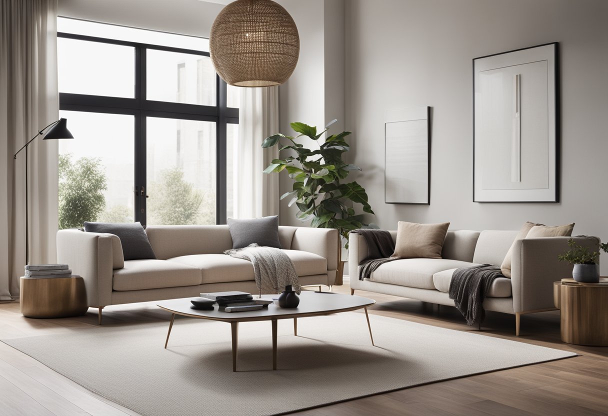 A modern living room with a sleek, minimalist design. Neutral colors, clean lines, and natural light create a peaceful and inviting atmosphere