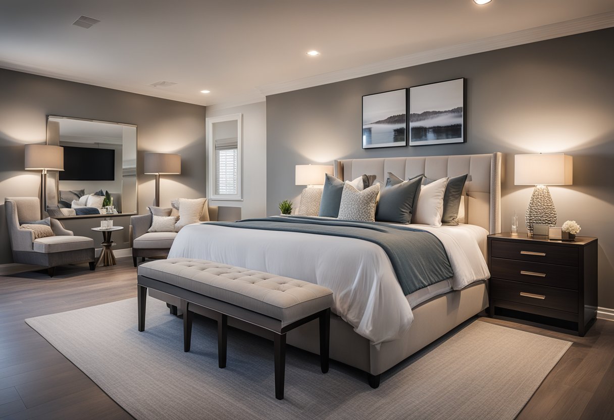 A spacious master bedroom with a large, comfortable bed, elegant nightstands, soft lighting, and a cozy seating area for relaxation
