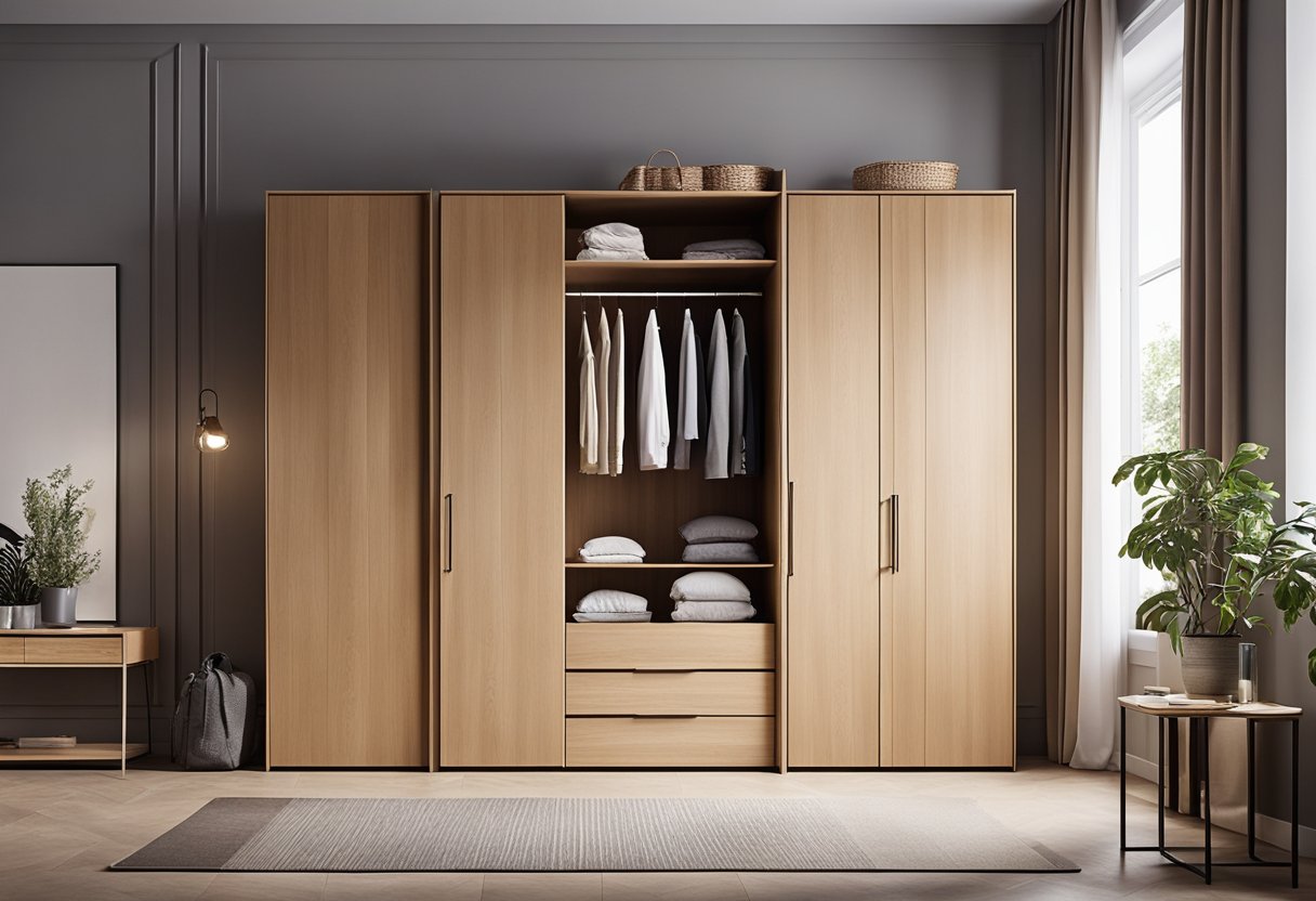 A wooden wardrobe stands in a cozy bedroom, with shelves, drawers, and a mirrored door. The design is sleek and modern, perfect for organizing clothes and accessories
